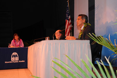 HPR News Director Kayla Rosenfeld, U.S. Congressman Neil Abercrombie, Lt. Governor James "Duke" Aiona HPR News Director Kayla Rosenfeld, U.S. Congressman Neil Abercrombie, Lt. Governor James "Duke" Aiona
